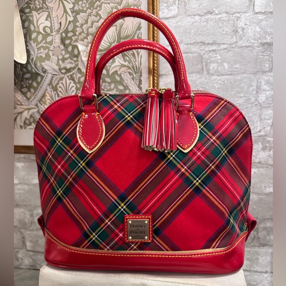 Dooney & Bourke Handbags - Dooney & Bourke Limited Edition Tartan Zip Satchel Red Patent Leather Gold Trim